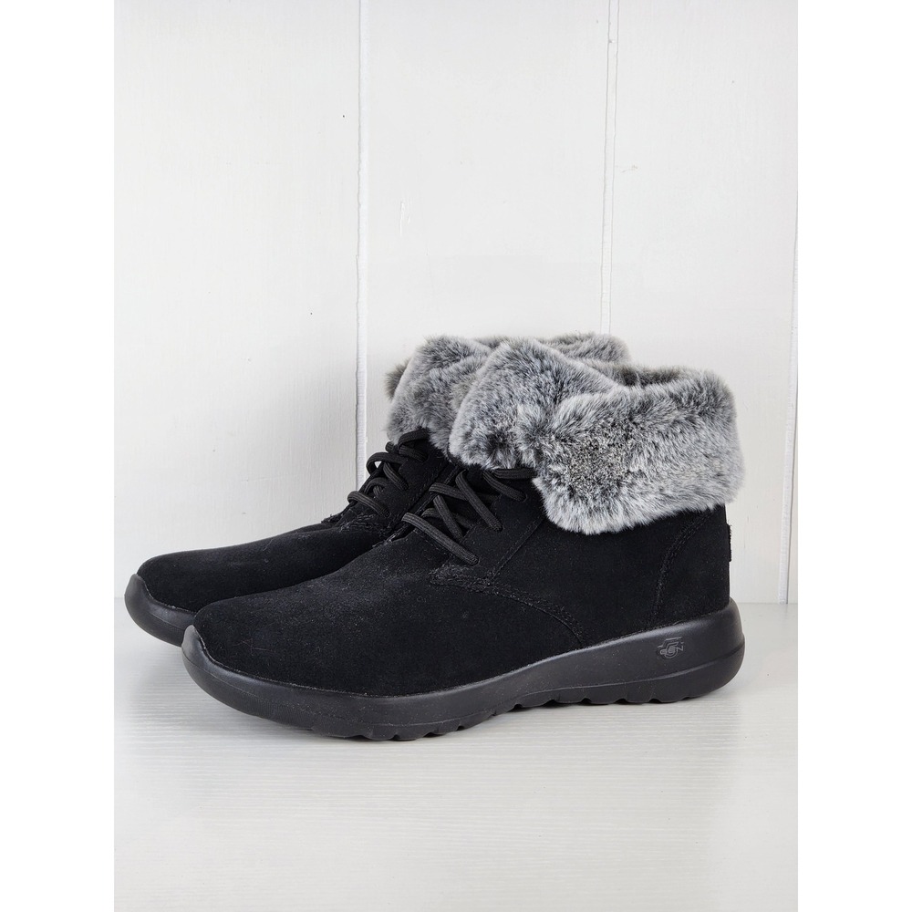 Skechers Womens On-the-go Joy Plush Dreams Black Suede Faux Fur Boots Size 7